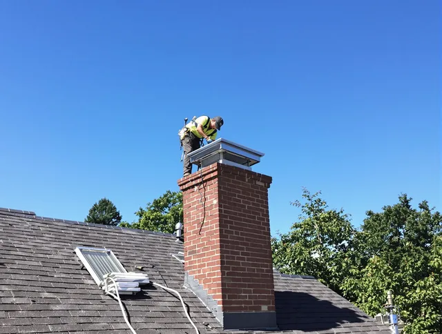 Maynard Chimney Sweep technician measuring a chimney cap in Maynard, MA