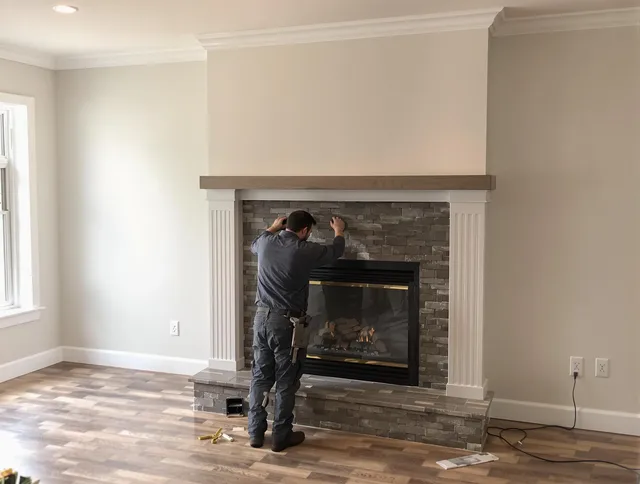 Maynard Chimney Sweep finishing a custom fireplace install in Maynard, MA